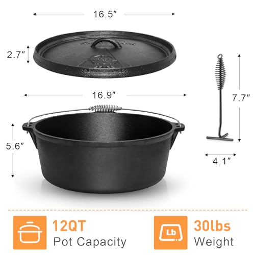 NSIRONS 12 Qt Cast Iron Dutch Oven with Lid & Lid Lifter for Camping & Cooking