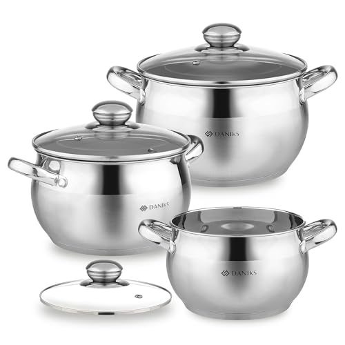 Daniks 6-Piece Stainless Steel Cookware Set with Glass Lids - Induction Compatible