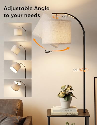 PARTPHONER Black Floor Lamp with Table, Nightstand & 3CCT LED Bulb, Modern End Table for Living Room & Bedroom