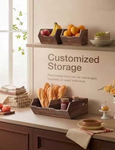 Walnut Color Stackable Acacia Wood Potato & Onion Storage Bin Set - Medium