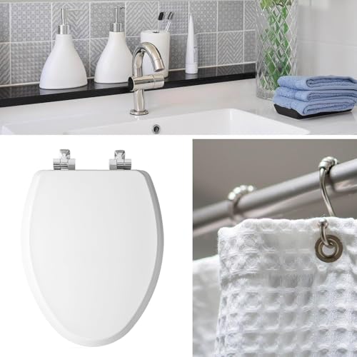 Mayfair Bennett Elongated Toilet Seat with Brushed Nickel Hinges, Slow Close, Easy Install, White