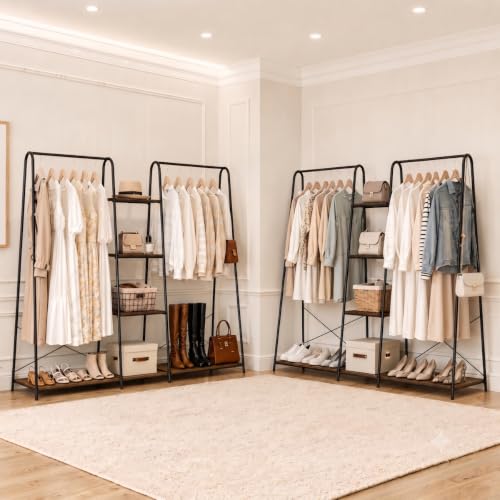 Black Clothes Rack with 6 Wooden Shelves & 2 Hanging Rods - Heavy Duty Freestanding Wardrobe