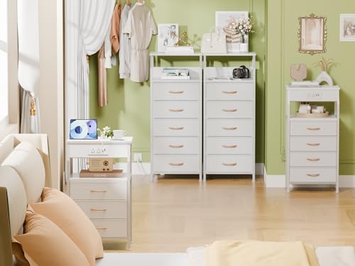 Furnulem 5-Drawer Dresser with Charging Station - White Nightstand