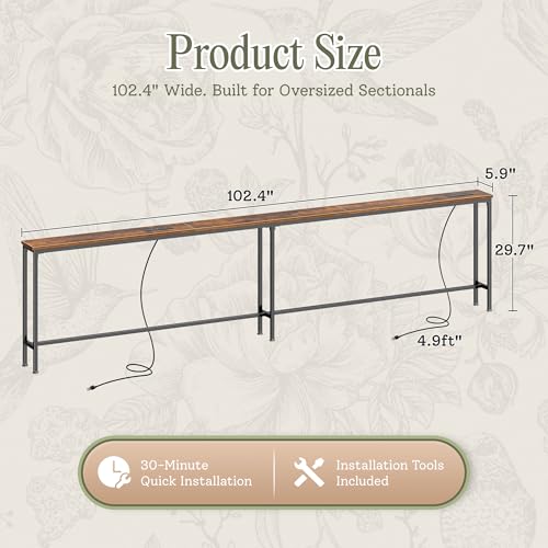 102.4 Inch Behind Couch Console Table with Outlets - Rustic Brown, Variation of Rustic Brown / 102.3 "W"