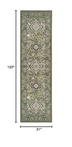Superior Indoor Runner Rug, Jute Backed, Perfect for Entryway, Office, Living/Dining Room, Bedroom, Kitchen, Hardwood Floor, Floral Medallion Decor, Radcliffe Collection, 2' 7" x 10', Green