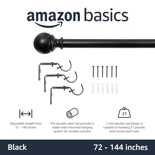 Adjustable 1-Inch Curtain Rod with Round Finials, 72-144 Inches, Black, 1-Pack