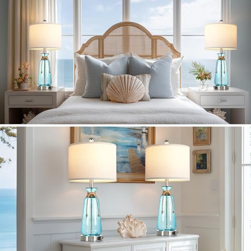 Coastal 26-Inch Dimmable Bedside Lamps Set of 2 with USB & AC Outlet - Teal