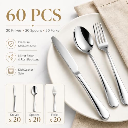 Nice Kitchen 60-Piece Silverware Set for 20 - Stainless Steel Flatware, Dishwasher Safe