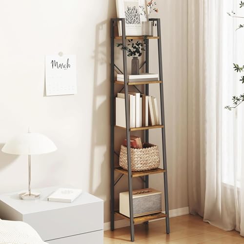 Rustic Brown Ladder Shelf - 5-Tier Freestanding Corner Bookshelf, 11.8"D x 13.4"W x 63"H