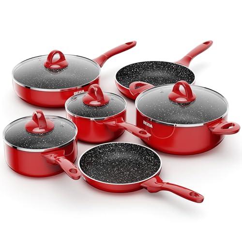 BEZIA 10-Piece Non-Stick Cookware Set - Red, Induction Compatible