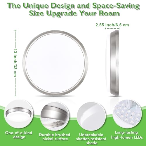 13 Inch Brushed Nickel Flush Mount Ceiling Light 2 Pack - Dimmable LED Fixture with 5 Color Temperatures