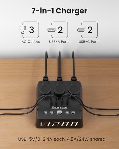 JACKYLED Black Alarm Clock with 4 USB Chargers & Power Outlets, Dimmable LED Display