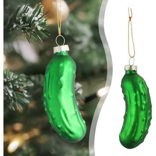 Jowxsx Christmas Pickle Tree Ornaments, Green Glass Blown Cucumber Hanging Ornaments with Lanyard, Traditional Christmas Tree Decoration