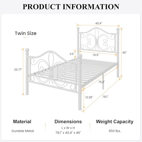 Twin Size Metal Bed Frame with Butterfly Headboard - White