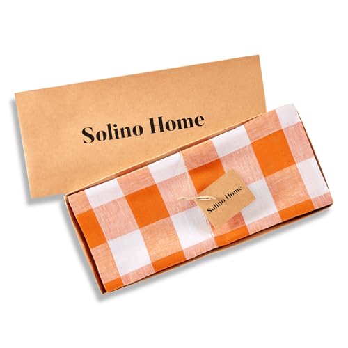 Solino Home Pumpkin & White Linen Table Runner 14 x 156 in – Handcrafted, Formal Dining Decor