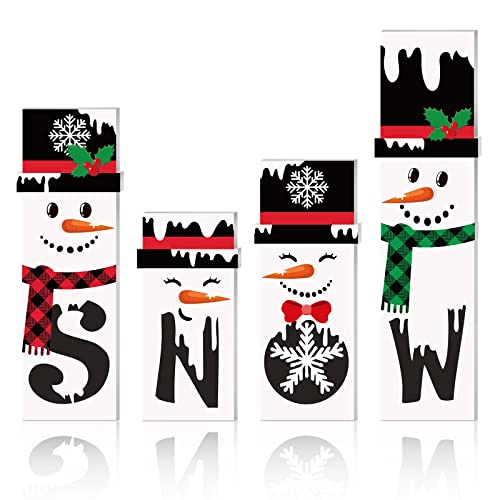 Qunclay 4 Pieces Winter Decor Wooden Snowman Tabletop Decorations Christmas Wooden Snowman Blocks Signs for Home Fireplace Mantle