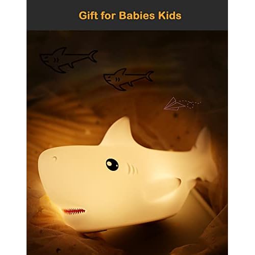 Shark USB Rechargeable Silicone LED Night Light for Kids, Multicolor Cute Nursery Light with Warm White and 7-Color Breathing Mode for Kids Baby Children Bedrooms