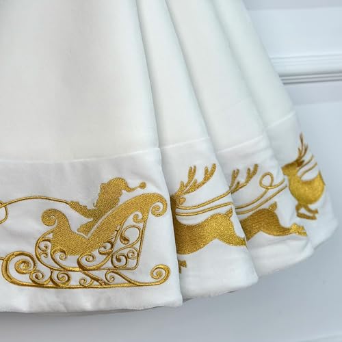 Ivory 60-Inch Velvet Christmas Tree Skirt with Gold Reindeer & Santa Embroidery, Lace Ties
