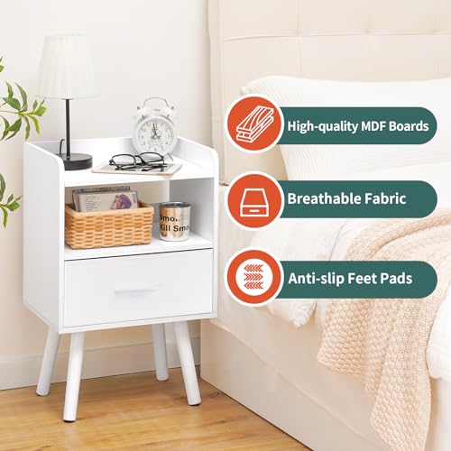 Yoobure White Modern Nightstand with Drawer & Open Shelf, 2-Tier Bedside Table