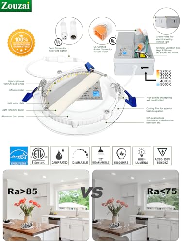Zouzai 6 Pack 4 Inch Dimmable LED Recessed Ceiling Lights with 5CCT, 810LM, White