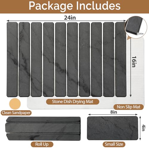Large Stone Dish Drying Mat with Variation Dark Gray / 24 x 16 Inches