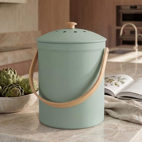 Kitchen Compost Bin with Smell Proof Lid - Sage, 1.1-Gallon Recycle Container