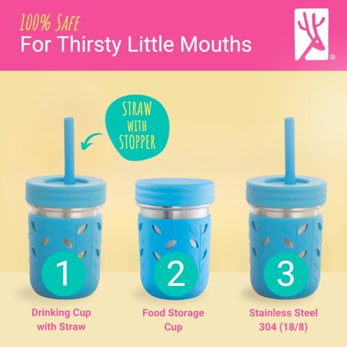 Kids Stainless Steel Mason Jars 10oz with Sleeves & Lids - Sage Blue