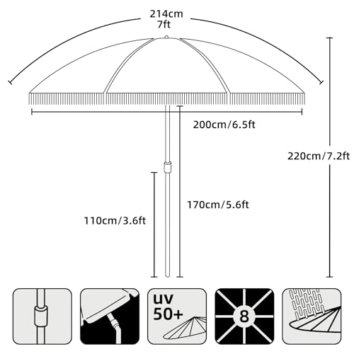7ft Patio Umbrella with Fringe Navy Blue Stripes UPF50+ Tilt & Steel Pole
