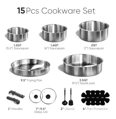 CAROTE 15-Piece Tri-Ply Stainless Steel Cookware Set with Detachable Handles - Silver