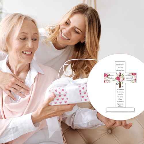 Shellwei Christmas Spanish Christian Acrylic Gift Religious Cross Inspirational Gift Spanish Cross Shape Acrylic Prayer Bible Verse Desk Decor for Women Mom Xmas Mother's Day Birthday(Cute)