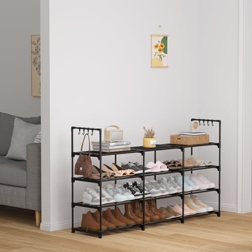 3 Row 4 Tier Shoe Rack - Stackable Metal Shoe Organizer with Hooks, Holds 24-30 Pairs - Space Saving Closet Storage - Black - Variation of THIS listing