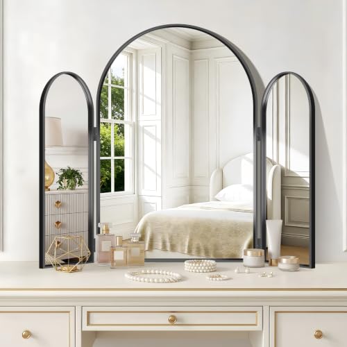 Black 30x36 Inch Tri-Fold Arched Vanity Mirror Wall Mount for Makeup & Hair
