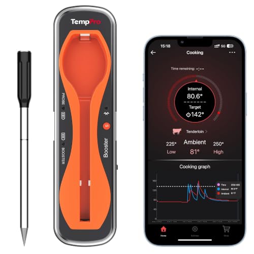 Wireless Meat Thermometer - TempPro TempSpike 500 ft Bluetooth Digital Cooking Thermometer - Orange