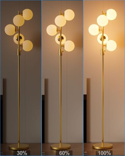 Lightdot Gold Globe Floor Lamp - Dimmable Mid Century Modern Standing Lamp with 5 Bulbs