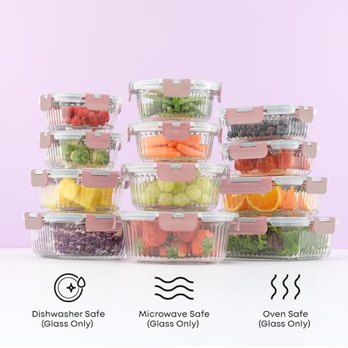 Pink 24-Piece Borosilicate Glass Food Storage Containers Set with Lids