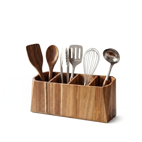 Extra Large 4-Compartment Acacia Wood Kitchen Utensil Holder - Rustic Farmhouse Countertop Storage Caddy