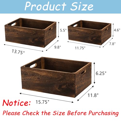 Set of 3 Rustic Wooden Nesting Storage Crates with Handles - Farmhouse Decor