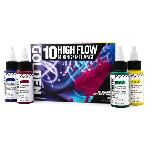 GOLDEN High Flow Acrylic Paint Set - 10 Colors for Airbrush & Art