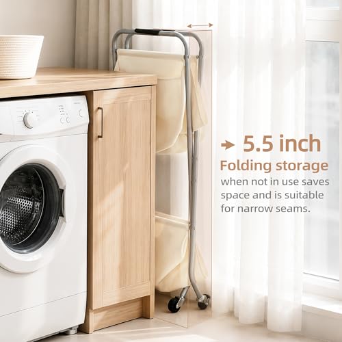 Storage Maniac Beige Collapsible Laundry Cart with Wheels, 31.5"H, Foldable Steel Frame & Canvas Liner
