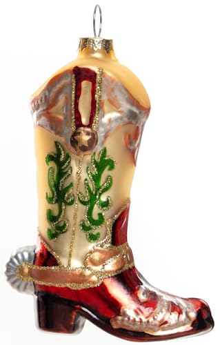 Set of 2 Hand Blown Glass Cowboy Boot Christmas Ornaments for Holiday Tree Decor