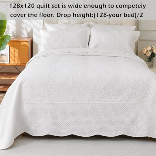 White Oversized King Cotton Quilt Set 128x120 Super King Bedding 3 Pieces