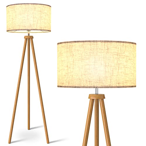 Brown Wooden Tripod Floor Lamp - Mid Century Standing Lamp for Living Room
