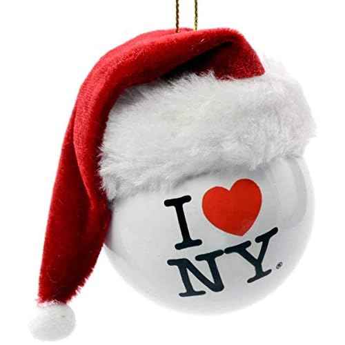 Kurt Adler Plastic Ornament for Christmas Tree, I Love NY Ball with Fabric Santa Hat, 3.5"