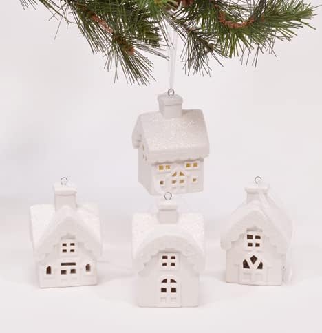 Unglazed Winter White Porcelain Ornaments - Snowy Village House Tree Decor, Set of 4, 3 Inch