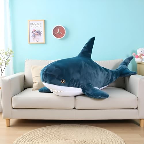 Blue 47.2 Inch XXL Shark Plush Body Pillow for Kids & Adults - Giant Soft Stuffed Animal Decor & Stress Relief Gift
