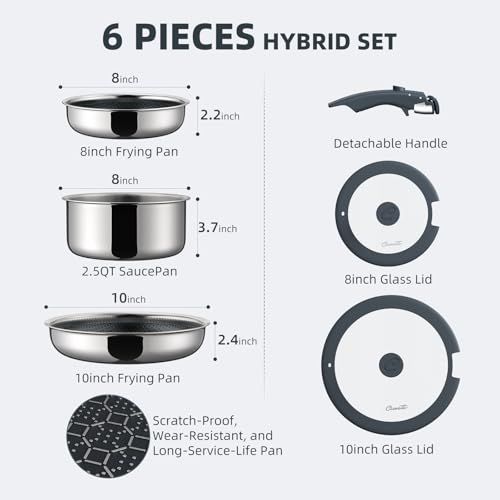 Ciwete 6-Piece Stainless Steel Cookware Set with Nonstick Honeycomb Surface - Includes Lids & Detachable Handle