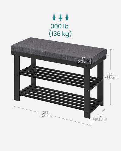 SONGMICS Bamboo Shoe Bench 3-Tier Shoe Rack with Padding - Ink Black + Slate Gray, 28.3W