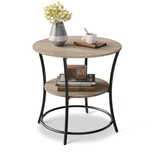 WLIVE Light Grey 2-Tier Round End Table Steel Frame Small Space Living Room Nightstand