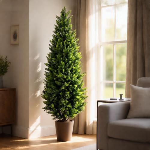 4ft Artificial Cedar Topiary Trees Set of 2 with Ground Spikes - Realistic Outdoor Faux Plants