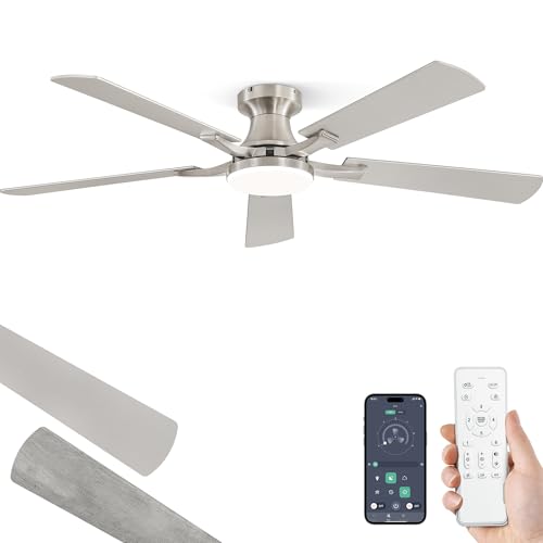ZMISHIBO 52 Inch Nickel Ceiling Fan with Lights, Remote & App Control, Flush Mount